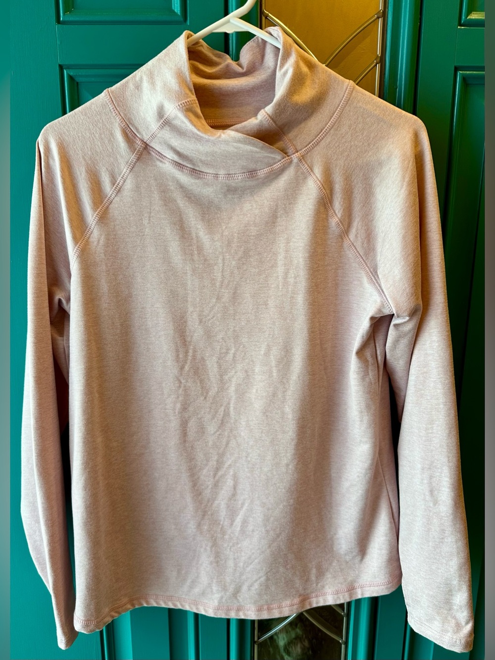 Apana Pink Heathered Cowl Neck Crossover Pullover Yoga Sweatshirt Thumbholes Med